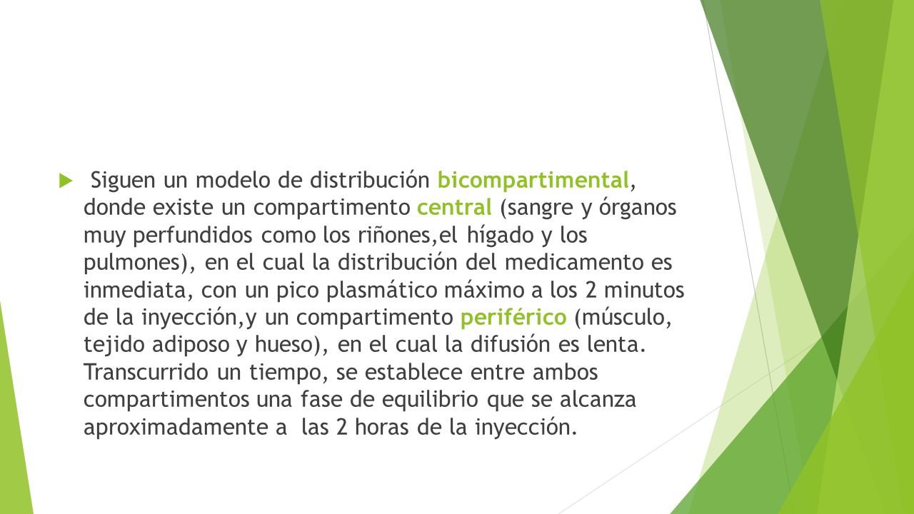 Siguen un modelo de distribución bicompartimental, donde existe un compartimento central (sangre y órganos muy perfundidos como los riñones,el hígado y los pulmones), en el cual la distribución del medicamento es inmediata, con un pico plasmático máximo a los 2 minutos de la inyección,y un compartimento periférico (músculo, tejido adiposo y hueso), en el cual la difusión es lenta.