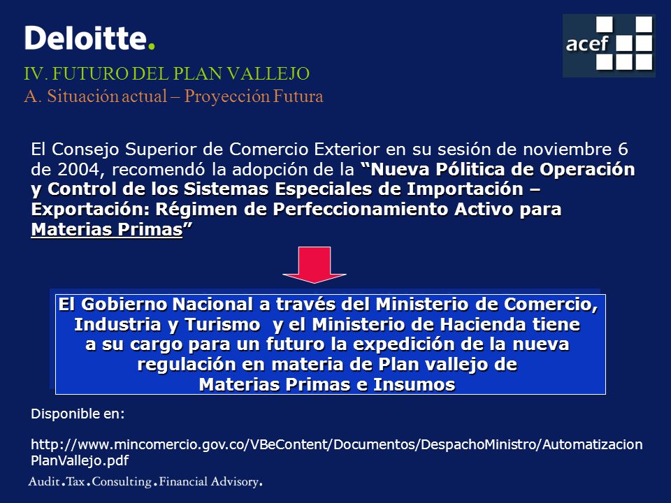 IV. FUTURO DEL PLAN VALLEJO A. Situación actual – Proyección Futura