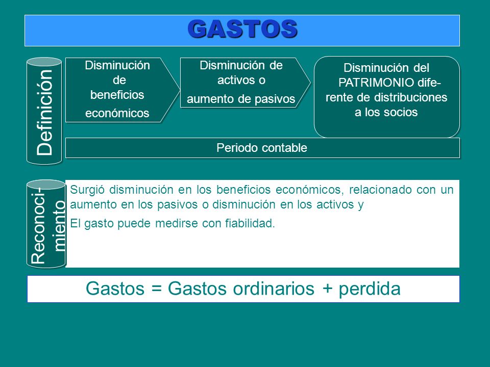 GASTOS Definición Gastos = Gastos ordinarios + perdida Reconoci-