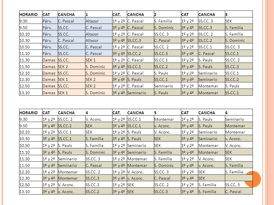 HORARIO CAT. CANCHA. 1. CAT Párv. C. Pascal. Altazor. 1º y 2º. S. Familia. SS.CC. 3.