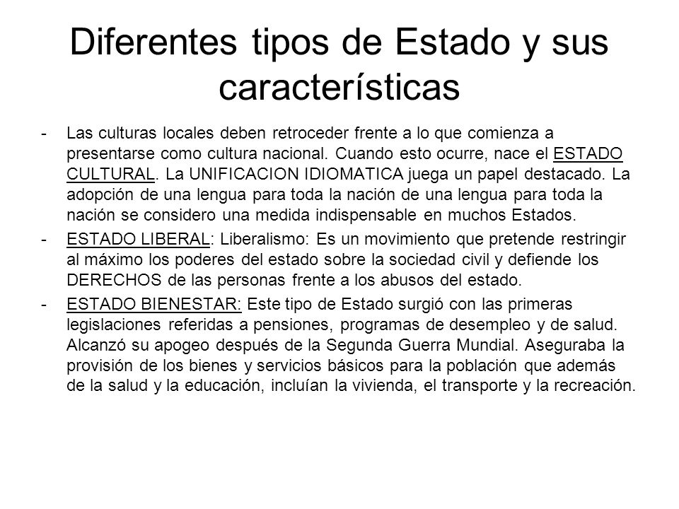 Diferentes tipos de Estado y sus características