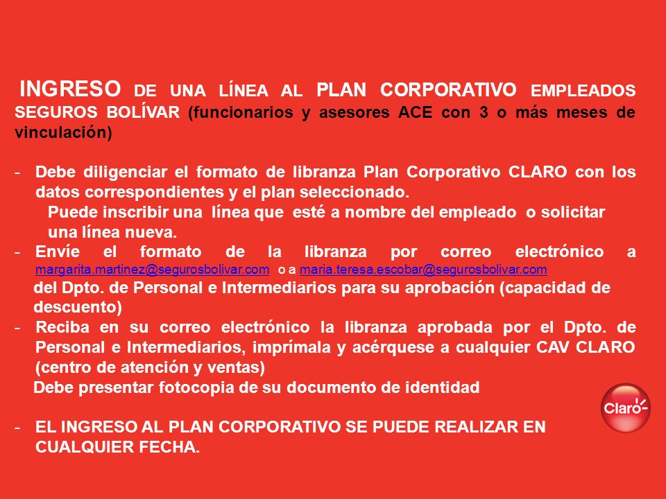 INGRESO DE UNA LÍNEA AL PLAN CORPORATIVO EMPLEADOS SEGUROS BOLÍVAR (funcionarios y asesores ACE con 3 o más meses de vinculación)