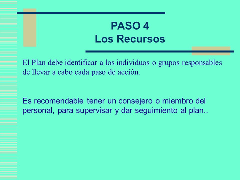 PASO 4 Los Recursos. El Plan debe identificar a los individuos o grupos responsables de llevar a cabo cada paso de acción.