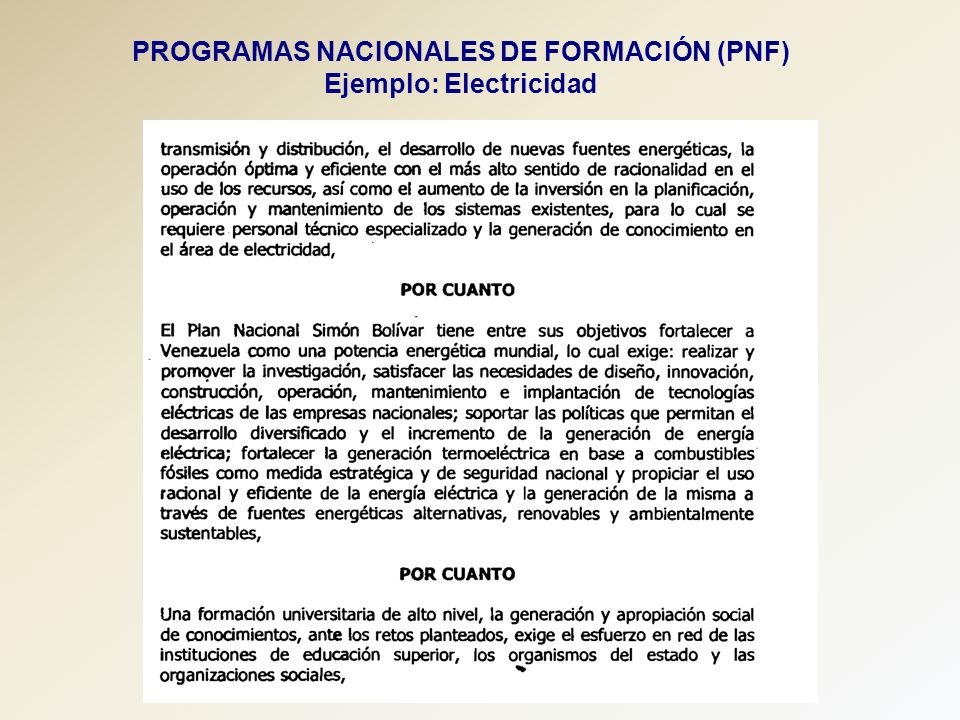 PROGRAMAS NACIONALES DE FORMACIÓN (PNF) Ejemplo: Electricidad