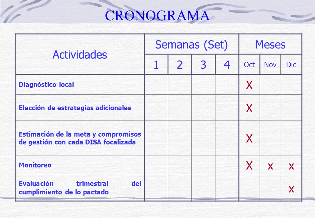 CRONOGRAMA Actividades Semanas (Set) Meses X x Oct Nov Dic