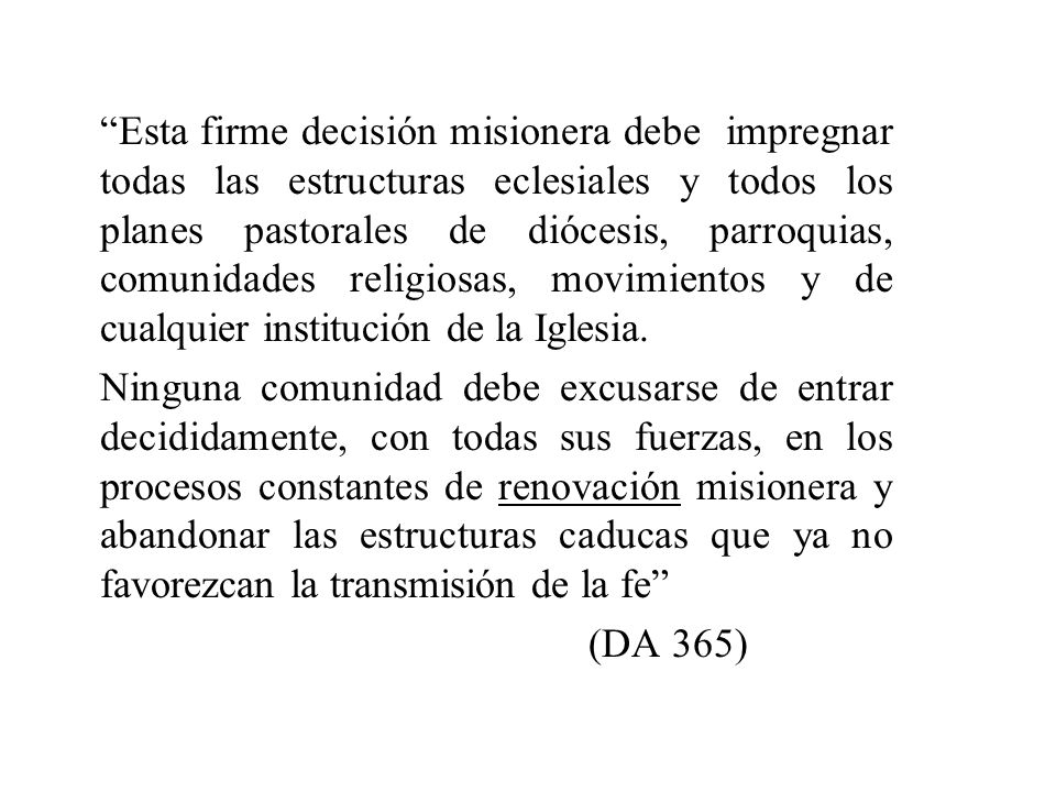 Esta firme decisión misionera debe impregnar todas las estructuras eclesiales y todos los planes pastorales de diócesis, parroquias, comunidades religiosas, movimientos y de cualquier institución de la Iglesia.
