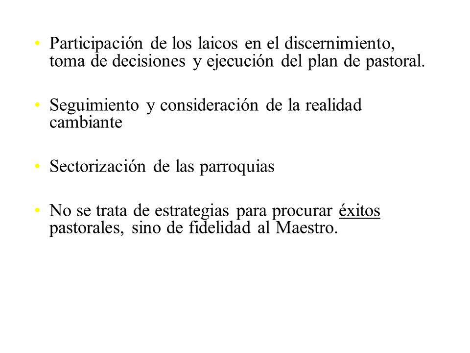Participación de los laicos en el discernimiento, toma de decisiones y ejecución del plan de pastoral.