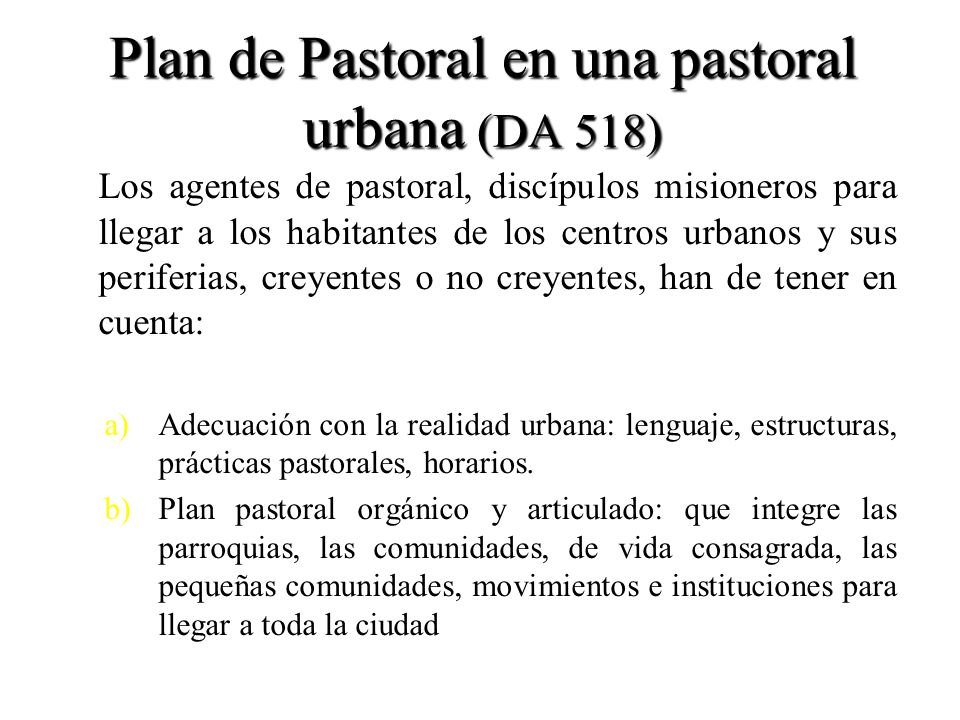 Plan de Pastoral en una pastoral urbana (DA 518)