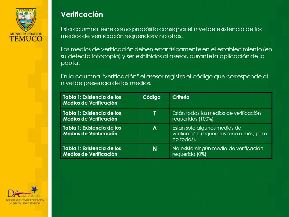 Verificación Esta columna tiene como propósito consignar el nivel de existencia de los medios de verificación requeridos y no otros.