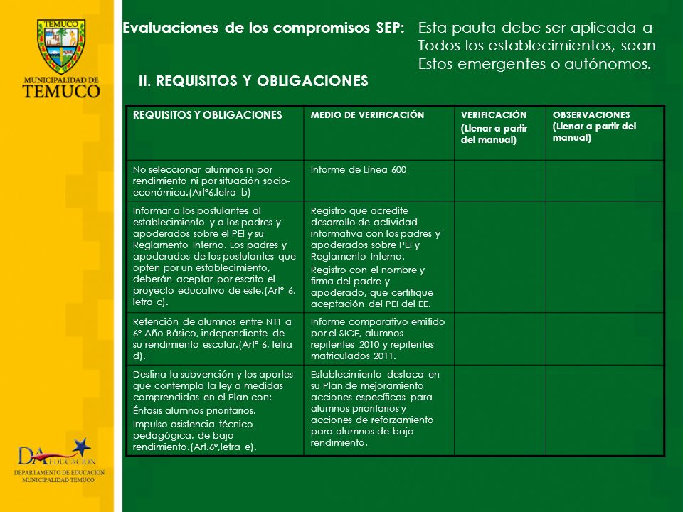 Evaluaciones de los compromisos SEP: Esta pauta debe ser aplicada a