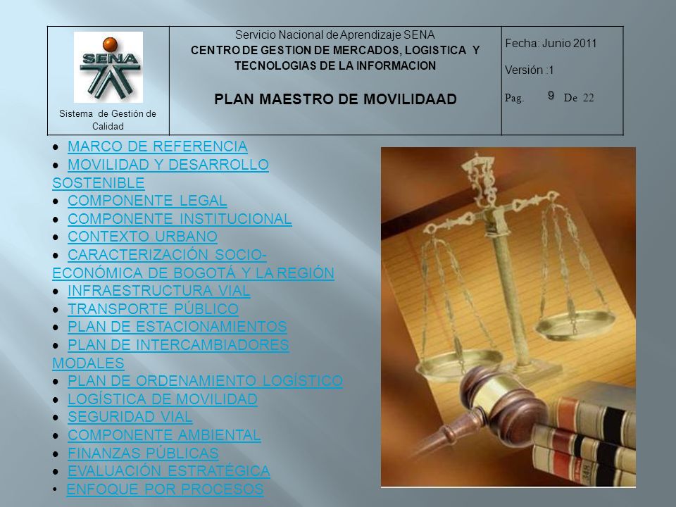 MARCO DE REFERENCIA MOVILIDAD Y DESARROLLO SOSTENIBLE. COMPONENTE LEGAL. COMPONENTE INSTITUCIONAL.