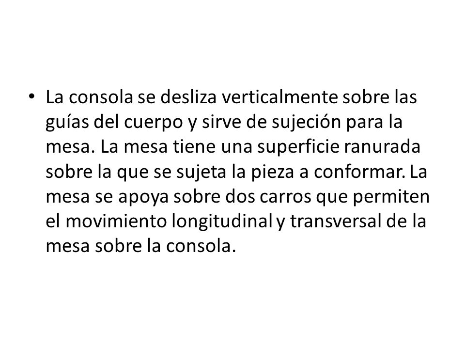 La consola se desliza verticalmente sobre las guías del cuerpo y sirve de sujeción para la mesa.