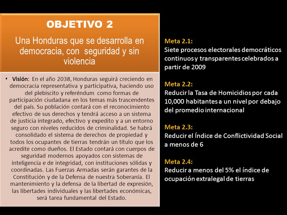 OBJETIVO 2 Una Honduras que se desarrolla en democracia, con seguridad y sin violencia.