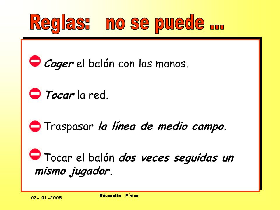 Reglas: no se puede ... Coger el balón con las manos. Tocar la red.