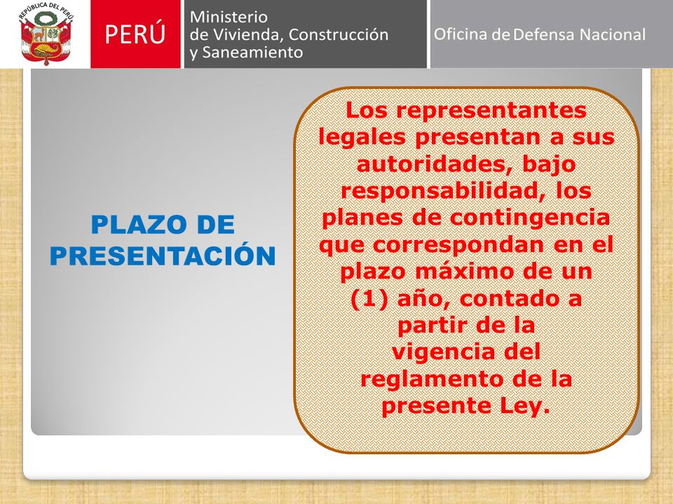 Los representantes legales presentan a sus autoridades, bajo responsabilidad, los planes de contingencia que correspondan en el plazo máximo de un (1) año, contado a partir de la vigencia del reglamento de la presente Ley.