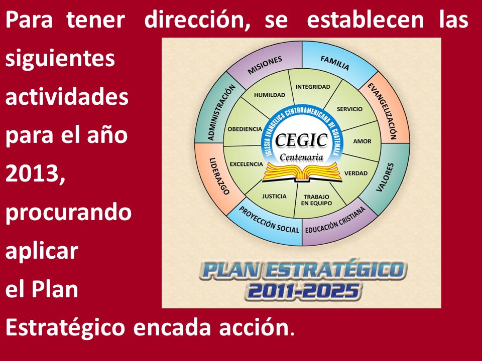 Para tener dirección, se establecen las siguientes actividades para el año 2013, procurando aplicar el Plan Estratégico encada acción.