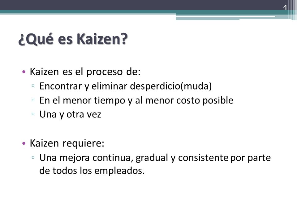 ¿Qué es Kaizen Kaizen es el proceso de: Kaizen requiere: