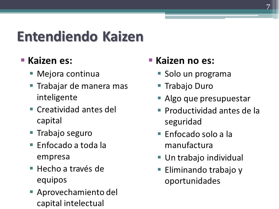 Entendiendo Kaizen Kaizen es: Kaizen no es: Mejora continua