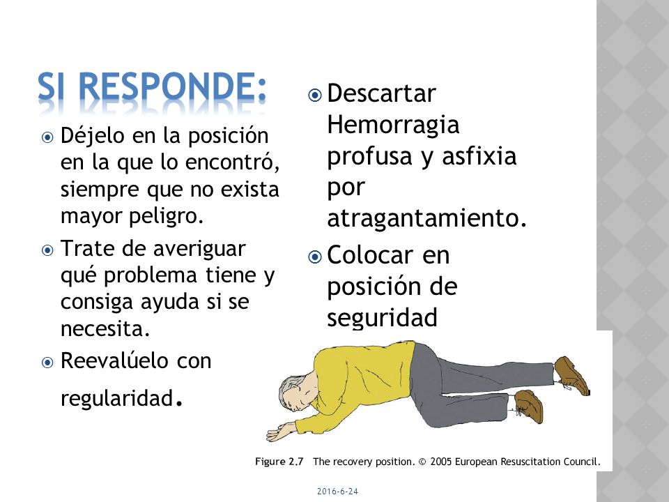 SI RESPONDE: Descartar Hemorragia profusa y asfixia por atragantamiento. Colocar en posición de seguridad.