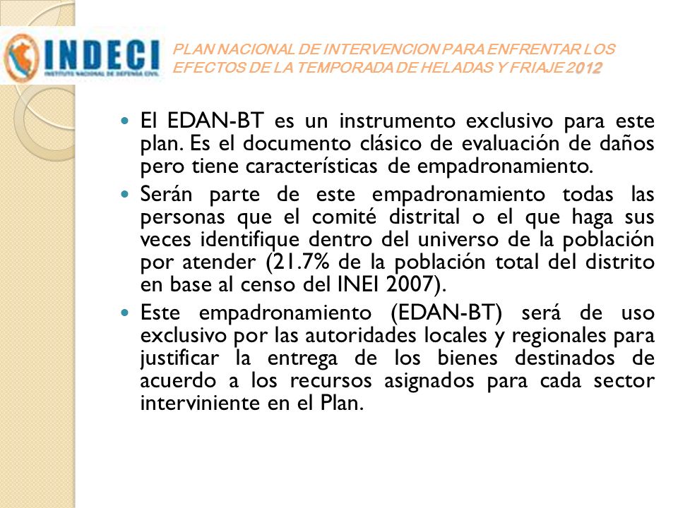 PLAN NACIONAL DE INTERVENCION PARA ENFRENTAR LOS EFECTOS DE LA TEMPORADA DE HELADAS Y FRIAJE 2012
