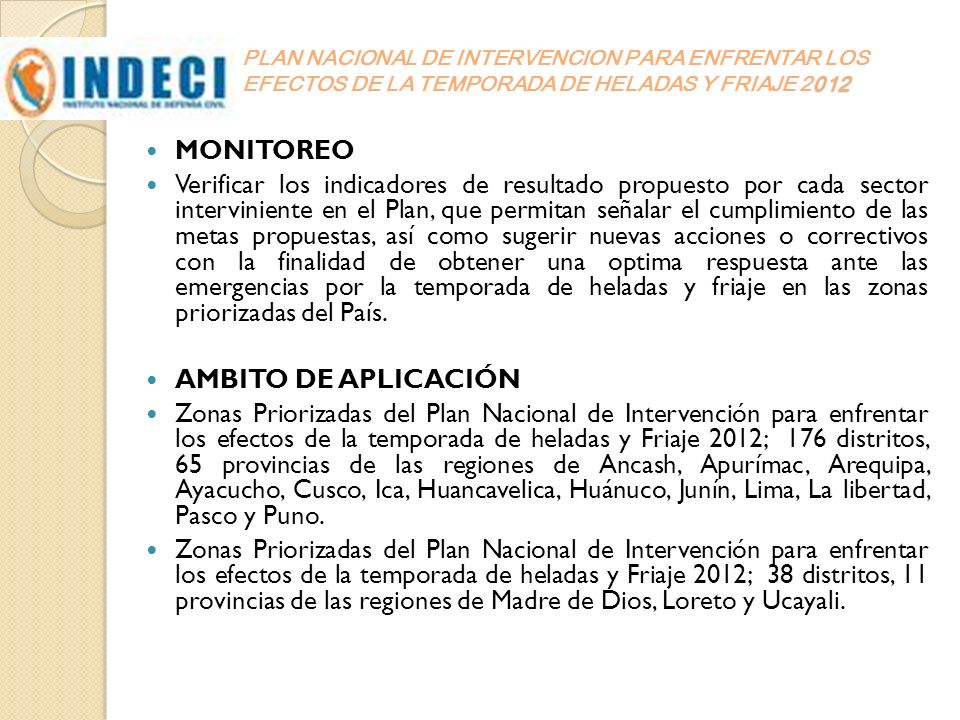 PLAN NACIONAL DE INTERVENCION PARA ENFRENTAR LOS EFECTOS DE LA TEMPORADA DE HELADAS Y FRIAJE 2012
