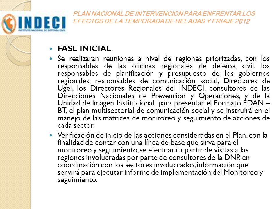 PLAN NACIONAL DE INTERVENCION PARA ENFRENTAR LOS EFECTOS DE LA TEMPORADA DE HELADAS Y FRIAJE 2012