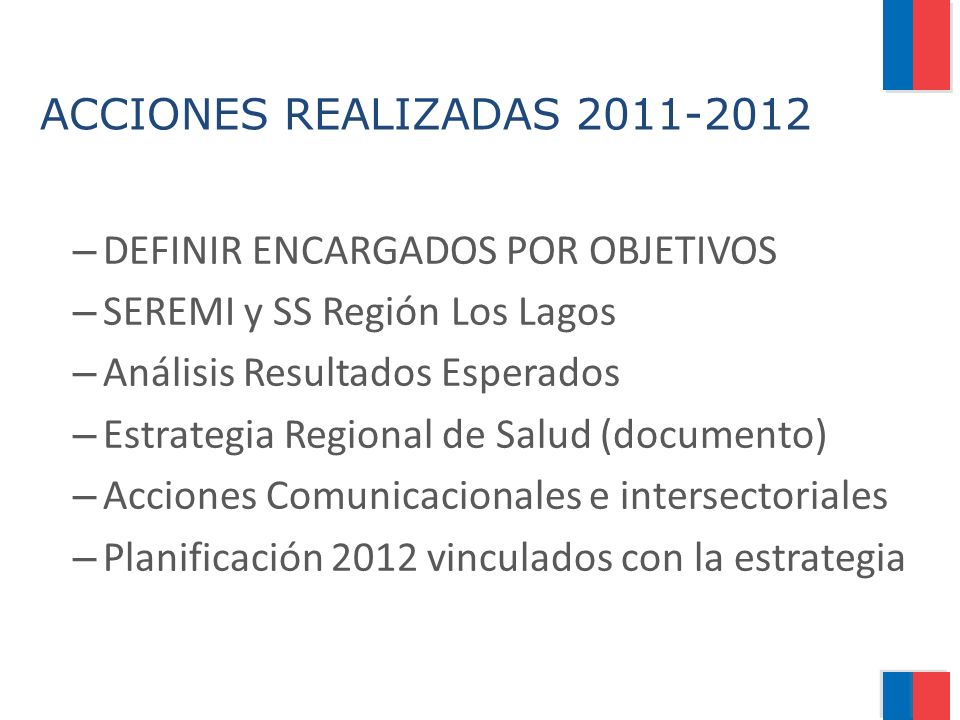 ACCIONES REALIZADAS DEFINIR ENCARGADOS POR OBJETIVOS. SEREMI y SS Región Los Lagos. Análisis Resultados Esperados.