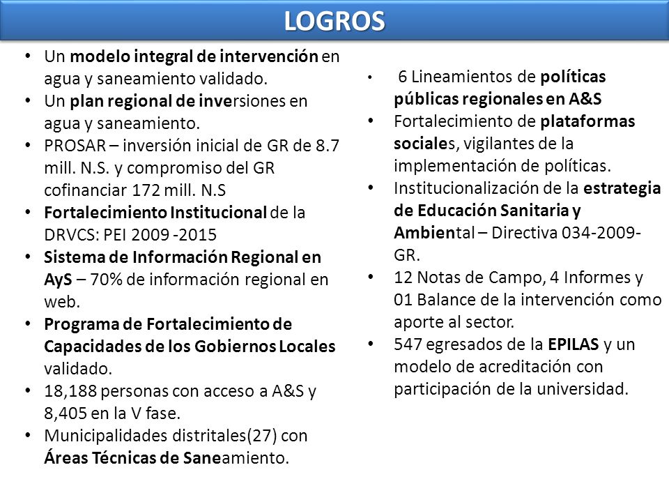 LOGROS Un modelo integral de intervención en agua y saneamiento validado. Un plan regional de inversiones en agua y saneamiento.