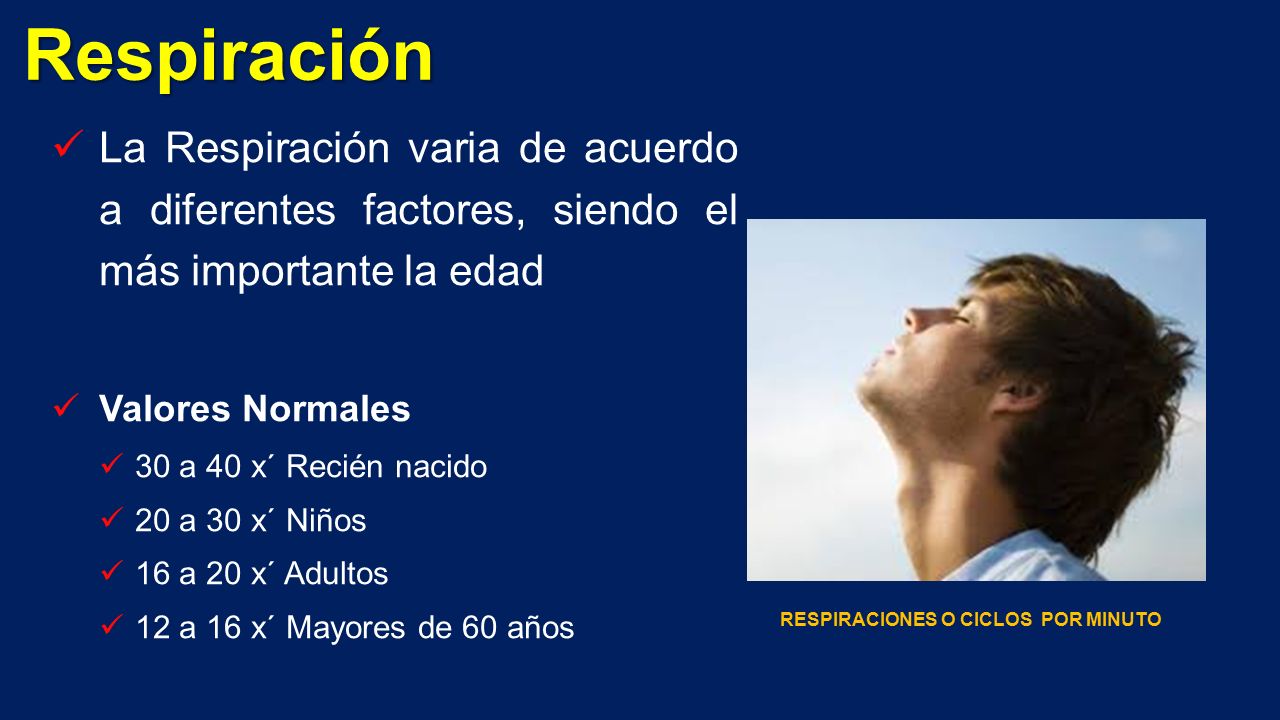 Respiración La Respiración varia de acuerdo a diferentes factores, siendo el más importante la edad.