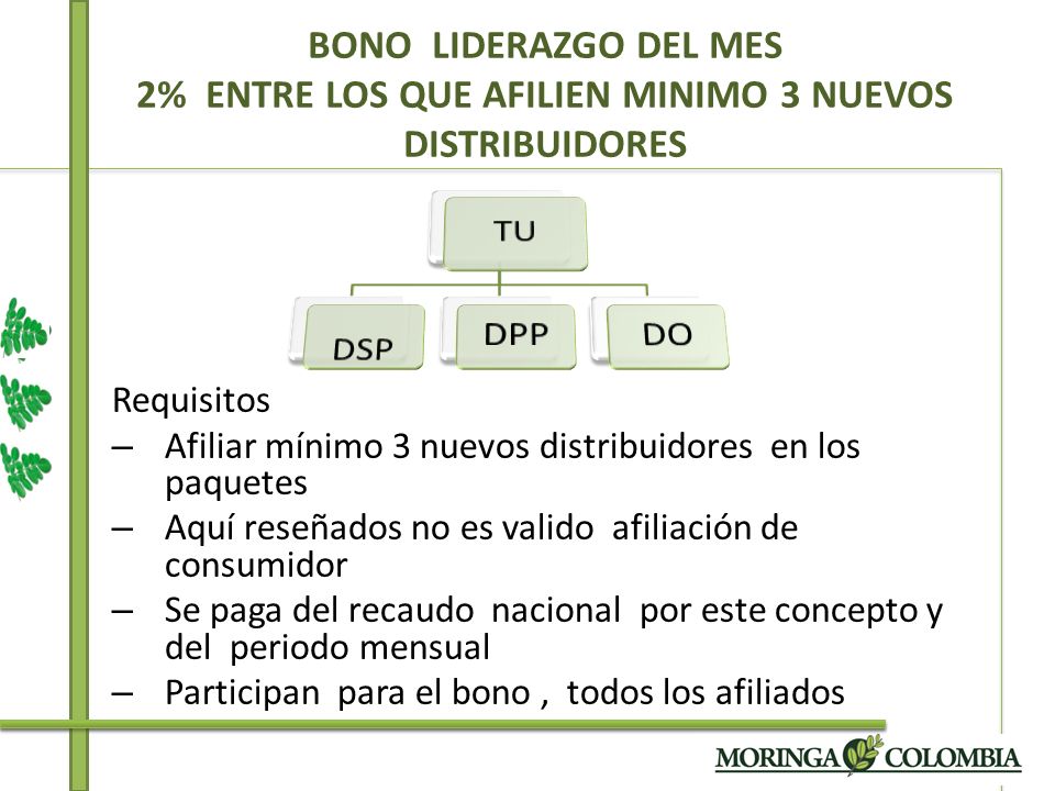 BONO LIDERAZGO DEL MES 2% ENTRE LOS QUE AFILIEN MINIMO 3 NUEVOS DISTRIBUIDORES