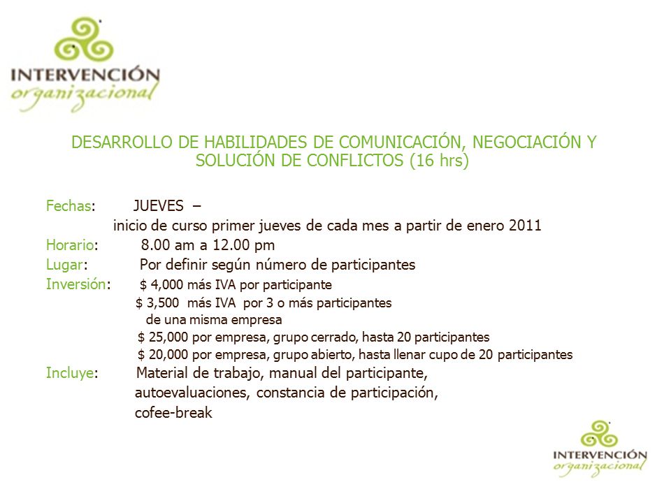 inicio de curso primer jueves de cada mes a partir de enero 2011