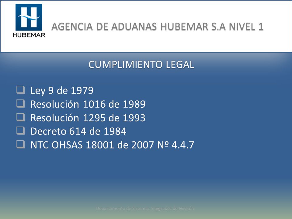 CUMPLIMIENTO LEGAL Ley 9 de Resolución 1016 de Resolución 1295 de Decreto 614 de