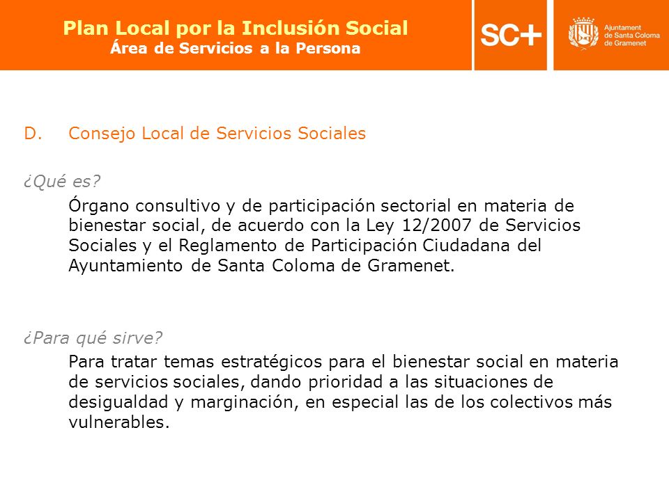 Plan Local por la Inclusión Social Área de Servicios a la Persona