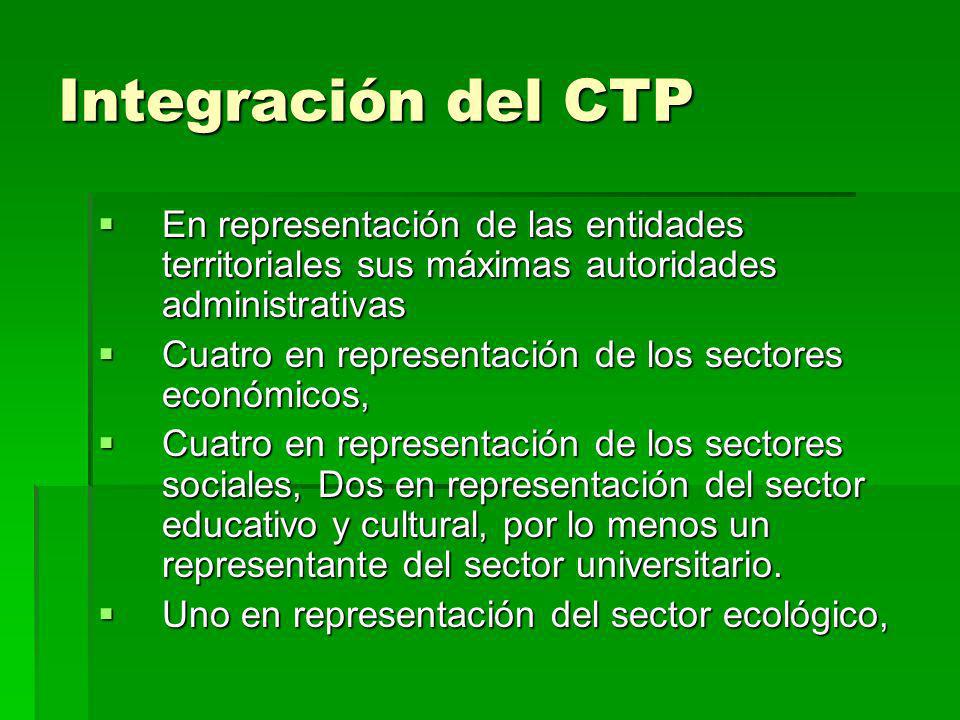Integración del CTP En representación de las entidades territoriales sus máximas autoridades administrativas.