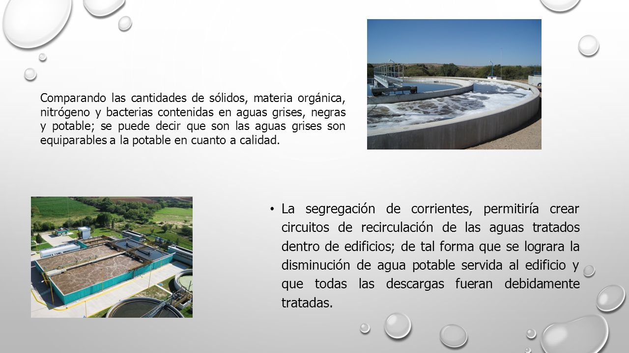 Comparando las cantidades de sólidos, materia orgánica, nitrógeno y bacterias contenidas en aguas grises, negras y potable; se puede decir que son las aguas grises son equiparables a la potable en cuanto a calidad.
