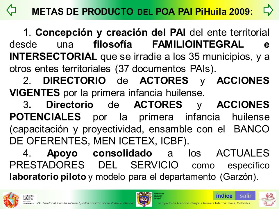 METAS DE PRODUCTO DEL POA PAI PiHuila 2009: