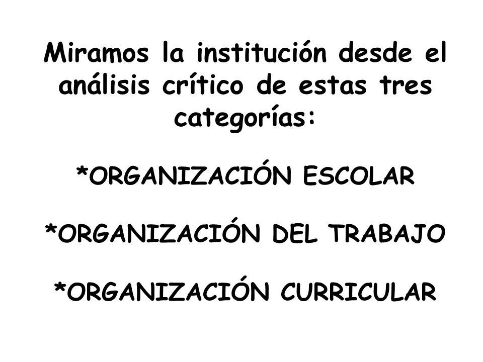 Miramos la institución desde el análisis crítico de estas tres categorías: *ORGANIZACIÓN ESCOLAR *ORGANIZACIÓN DEL TRABAJO *ORGANIZACIÓN CURRICULAR