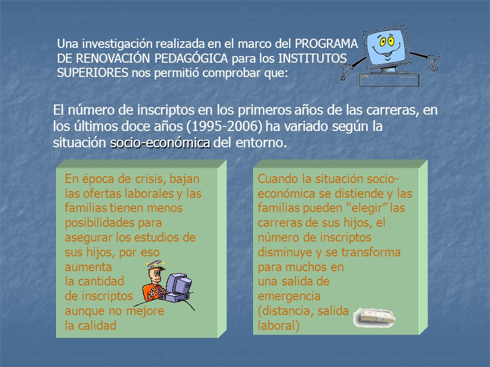 Una investigación realizada en el marco del PROGRAMA DE RENOVACIÓN PEDAGÓGICA para los INSTITUTOS SUPERIORES nos permitió comprobar que: