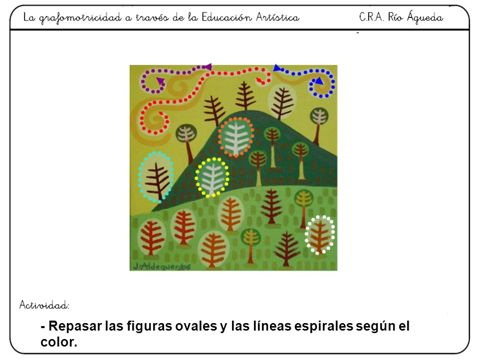 - Repasar las figuras ovales y las líneas espirales según el color.