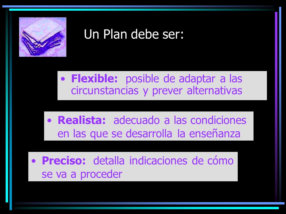 Un Plan debe ser: Flexible: posible de adaptar a las circunstancias y prever alternativas.
