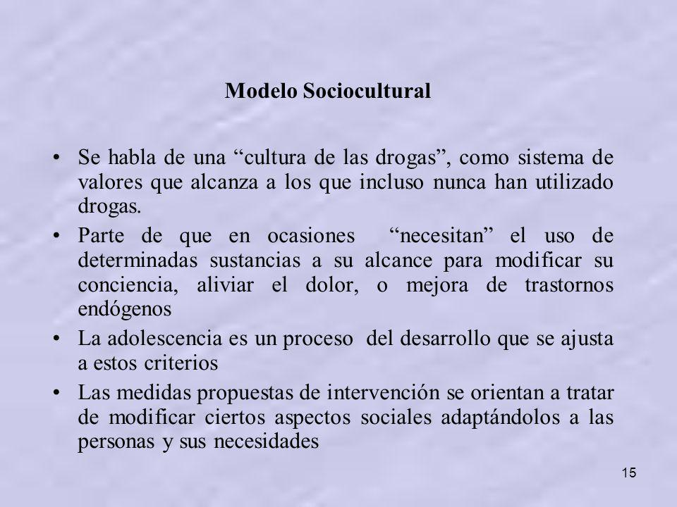 Modelo Sociocultural Se habla de una cultura de las drogas , como sistema de valores que alcanza a los que incluso nunca han utilizado drogas.