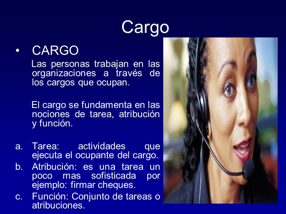 Cargo CARGO. Las personas trabajan en las organizaciones a través de los cargos que ocupan.