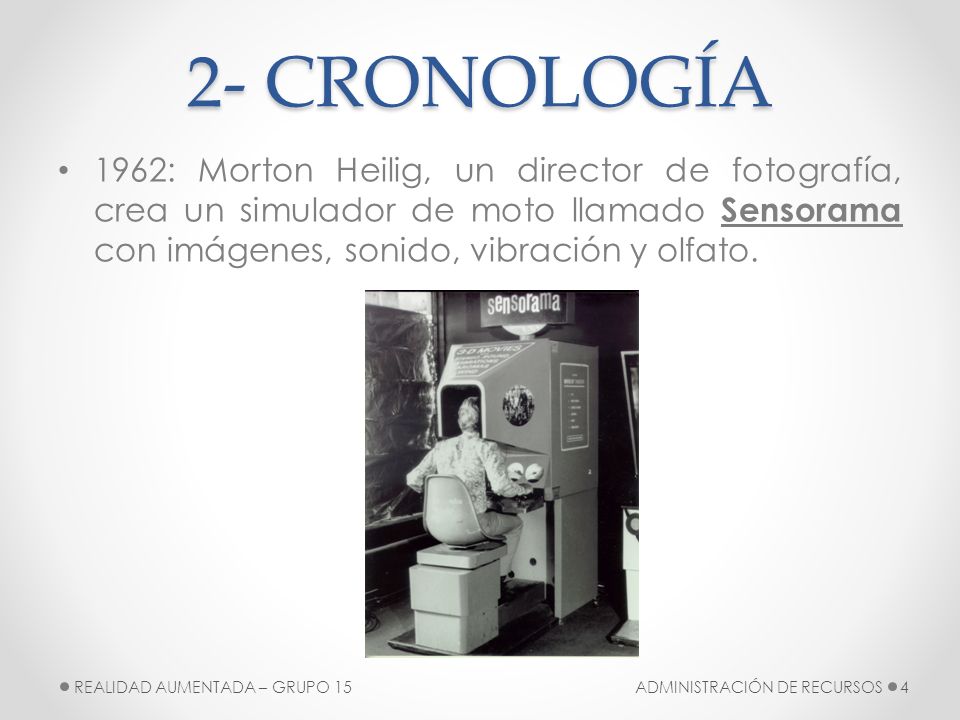 2- CRONOLOGÍA 1962: Morton Heilig, un director de fotografía, crea un simulador de moto llamado Sensorama con imágenes, sonido, vibración y olfato.