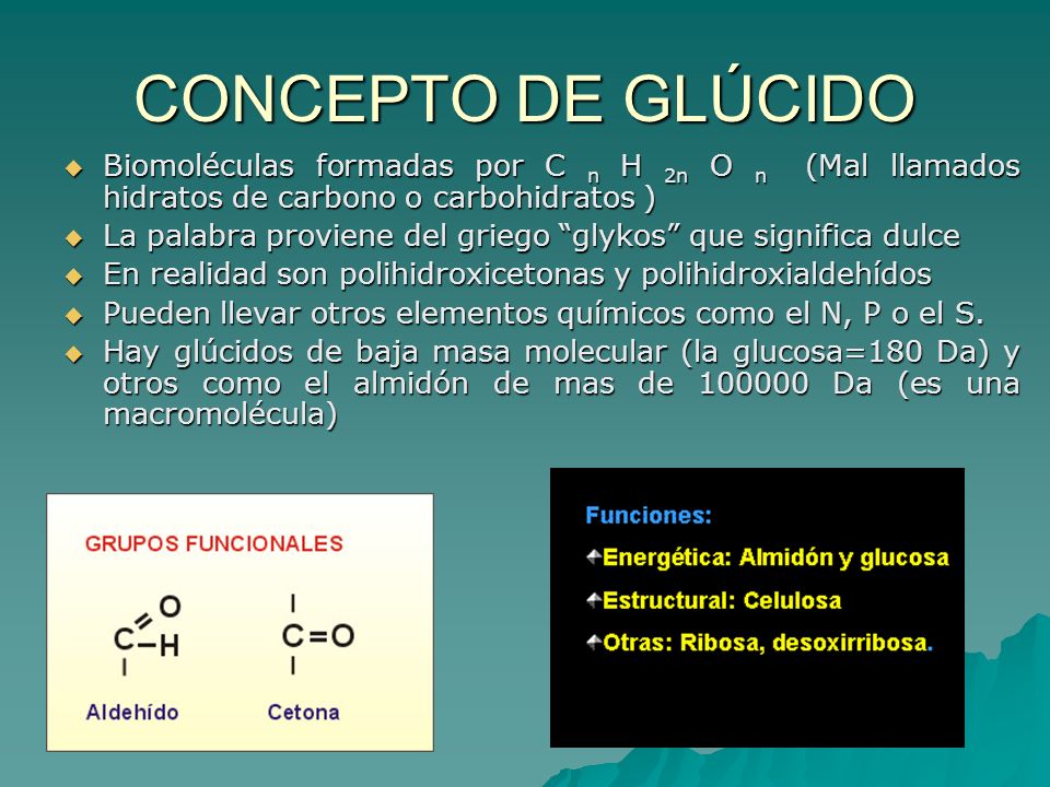 CONCEPTO DE GLÚCIDO Biomoléculas formadas por C n H 2n O n (Mal llamados hidratos de carbono o carbohidratos )