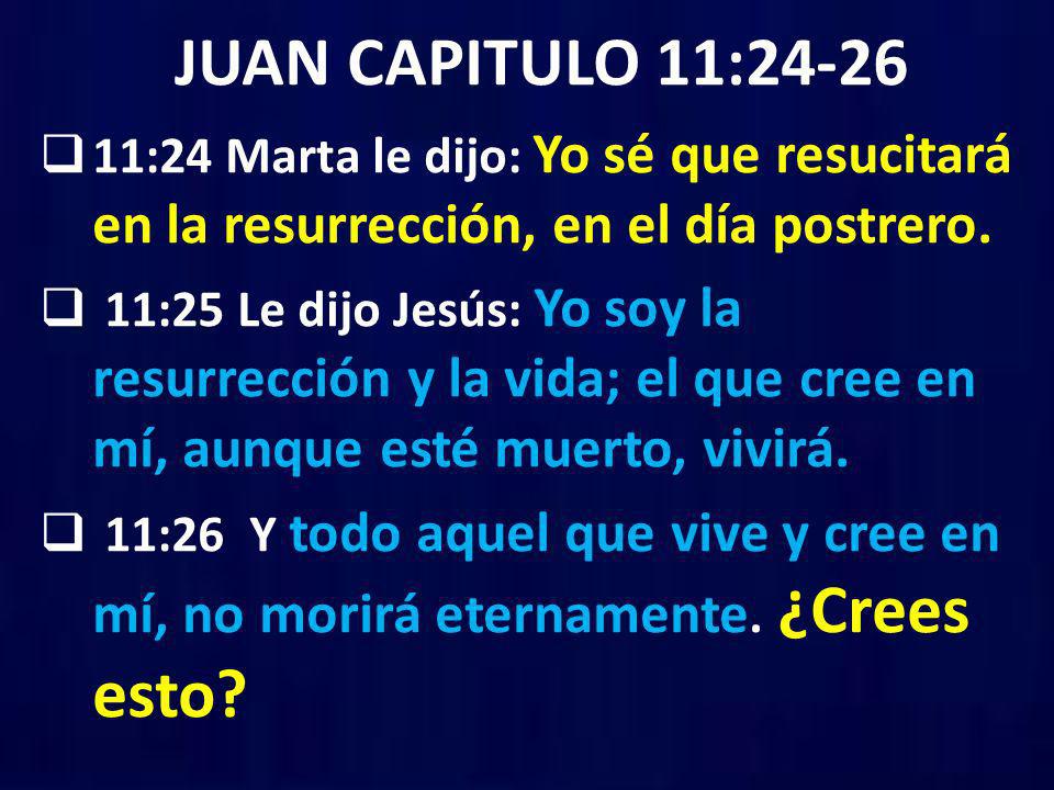 JUAN CAPITULO 11: :24 Marta le dijo: Yo sé que resucitará en la resurrección, en el día postrero.