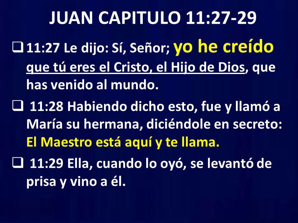 JUAN CAPITULO 11: :27 Le dijo: Sí, Señor; yo he creído que tú eres el Cristo, el Hijo de Dios, que has venido al mundo.