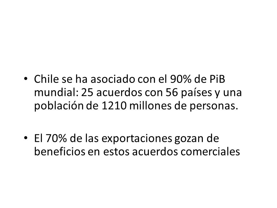 Chile se ha asociado con el 90% de PiB mundial: 25 acuerdos con 56 países y una población de 1210 millones de personas.