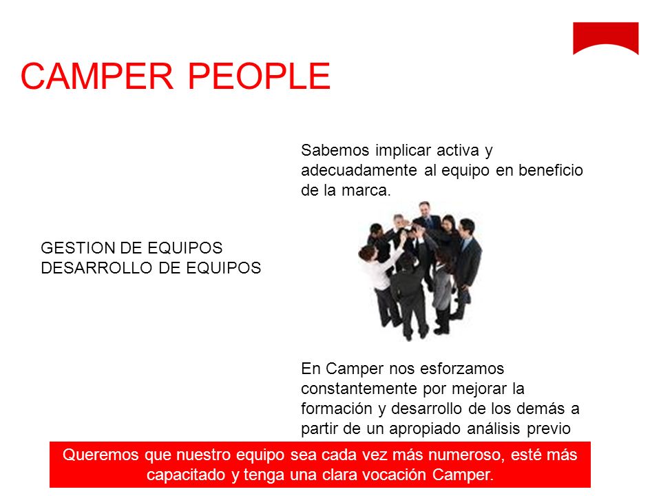 CAMPER PEOPLE Sabemos implicar activa y adecuadamente al equipo en beneficio de la marca.