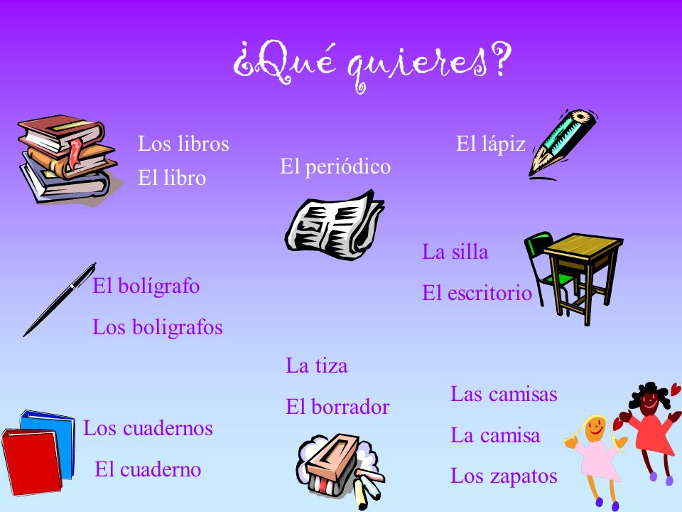 ¿Qué quieres Los libros El lápiz El periódico El libro La silla
