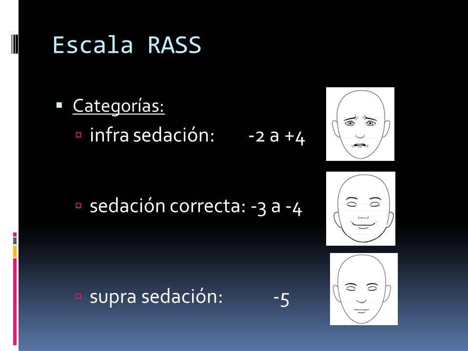 Escala RASS infra sedación: -2 a +4 sedación correcta: -3 a -4